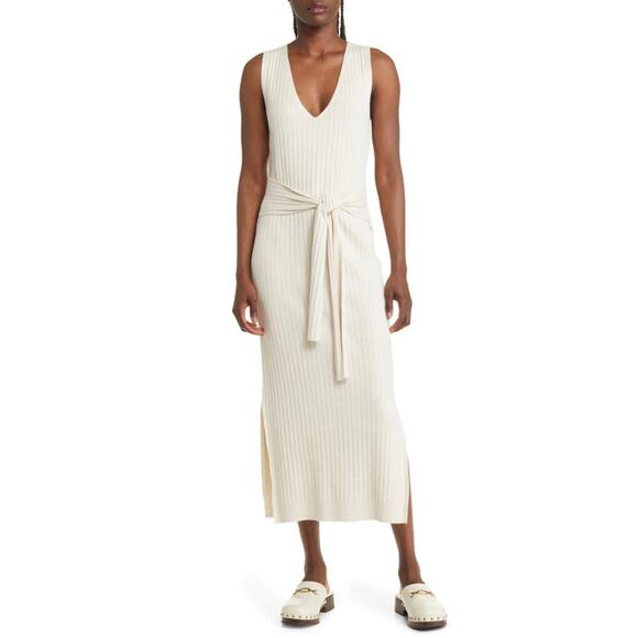 Treasure & Bond Tie Waist Sleeveless Midi Rib Sweater Dress Beige Medium NWT - Picture 1 of 14